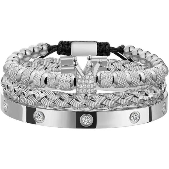 3PCS Stainless Steel Imperial Crown Bracelets for Men Gold Roman Numeral Bangle - Picture 1 of 6